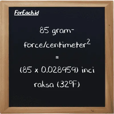 Cara konversi gram-force/centimeter<sup>2</sup> ke inci raksa (32<sup>o</sup>F) (gf/cm<sup>2</sup> ke inHg): 85 gram-force/centimeter<sup>2</sup> (gf/cm<sup>2</sup>) setara dengan 85 dikalikan dengan 0.028959 inci raksa (32<sup>o</sup>F) (inHg)